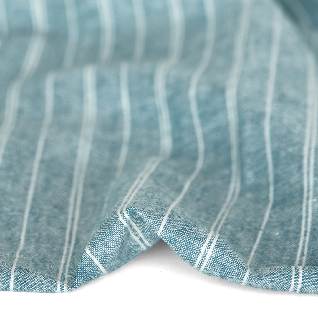 Striped Hemp & Organic Cotton Chambray - Teal/Ivory