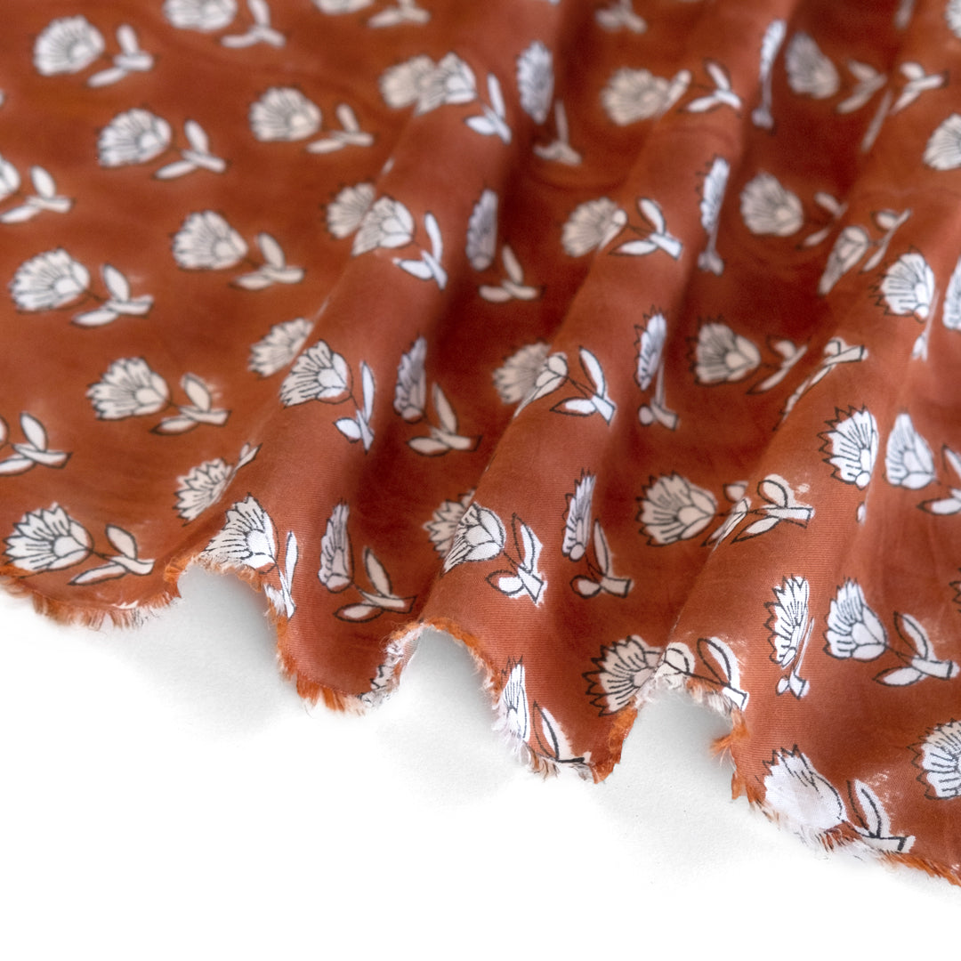 Bloom Block Printed Organic Cotton Batiste - Clay/White/Navy