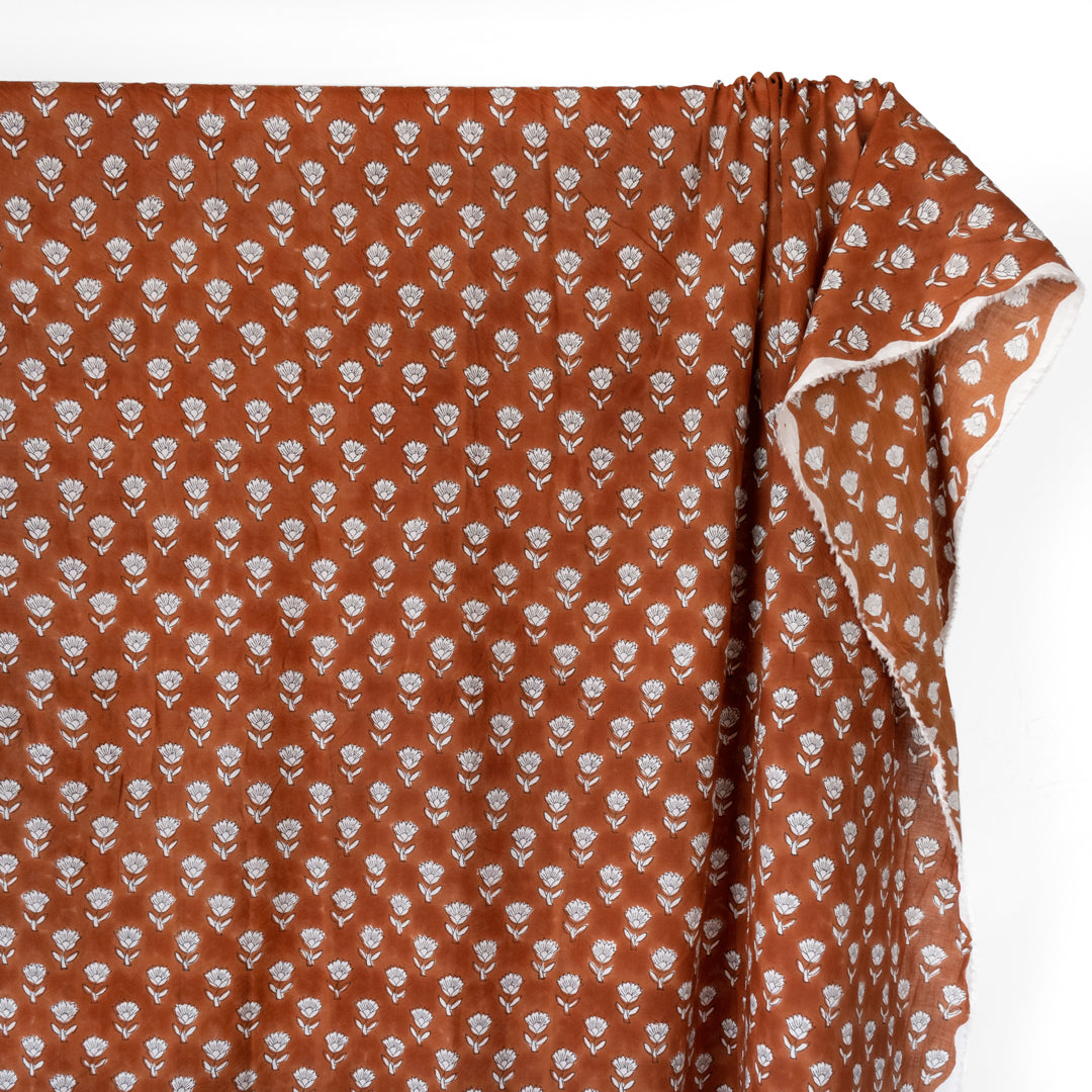 Bloom Block Printed Organic Cotton Batiste - Clay/White/Navy