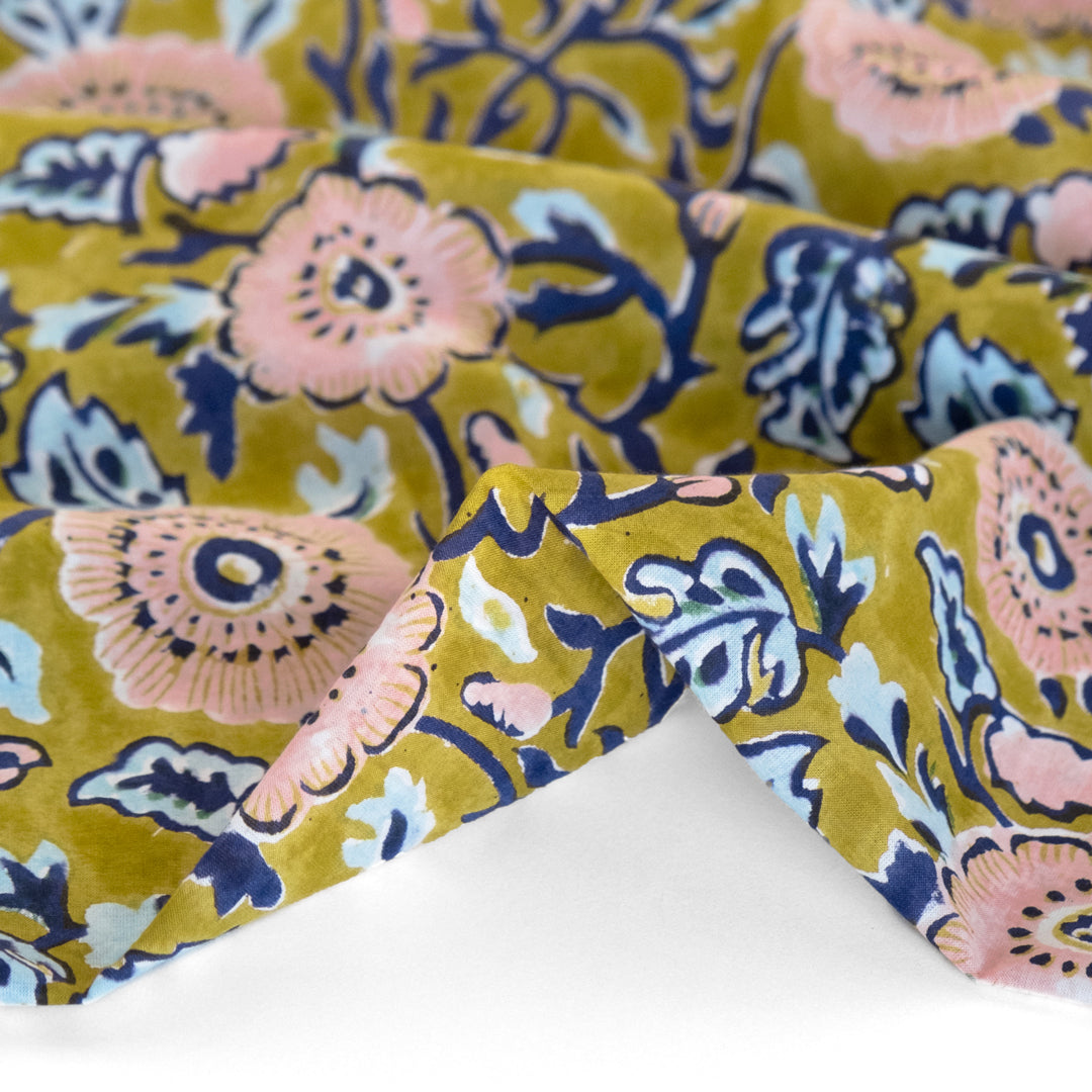 Tapestry Block Printed Organic Cotton Batiste - Elmwood/Navy/Blush