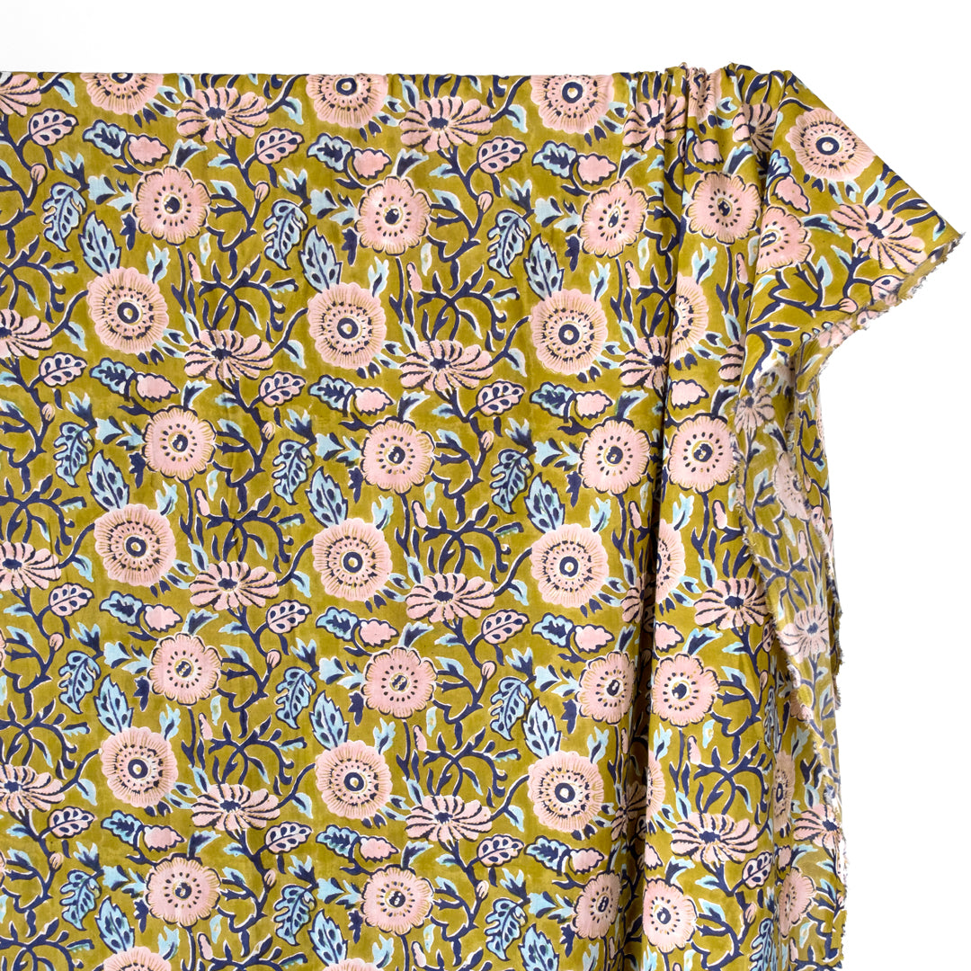 Tapestry Block Printed Organic Cotton Batiste - Elmwood/Navy/Blush