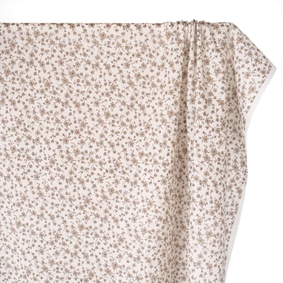 Natural fiber crinkled seersucker cotton in ivory and taupe Wildflower print