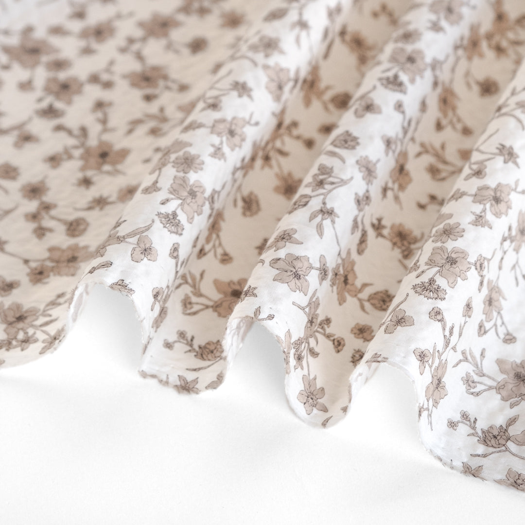 Natural fiber crinkled seersucker cotton in ivory and taupe Wildflower print