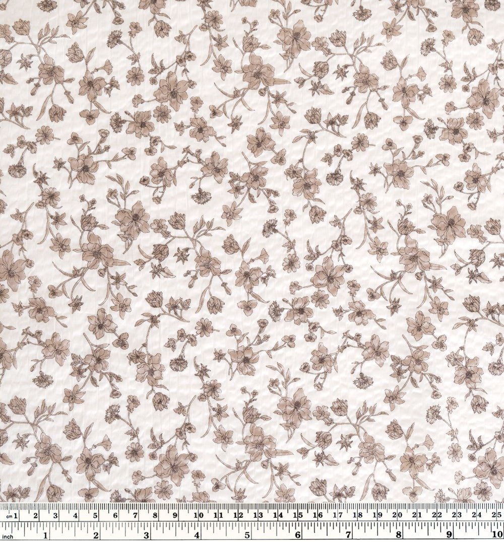 Natural fiber crinkled seersucker cotton in ivory and taupe Wildflower print