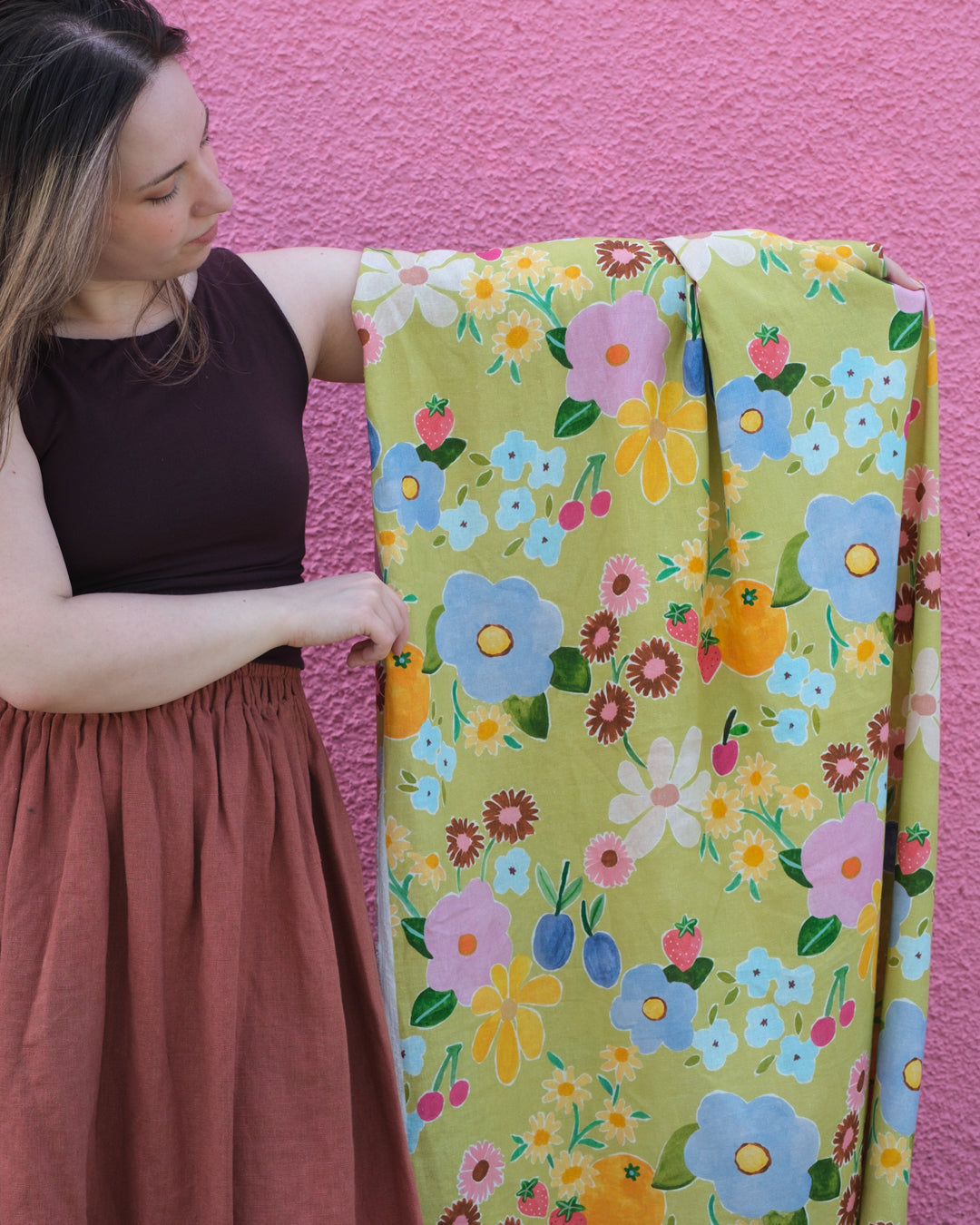 Fruity Floral Linen Viscose Blend - Peashoot/Multi | Blackbird Fabrics