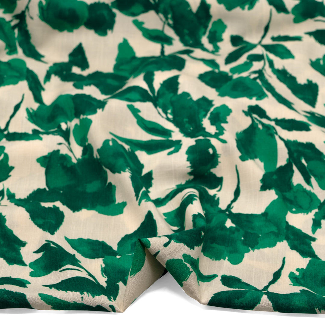 Blissful Blooms Rayon Slub - Ivory/Emerald | Blackbird Fabrics