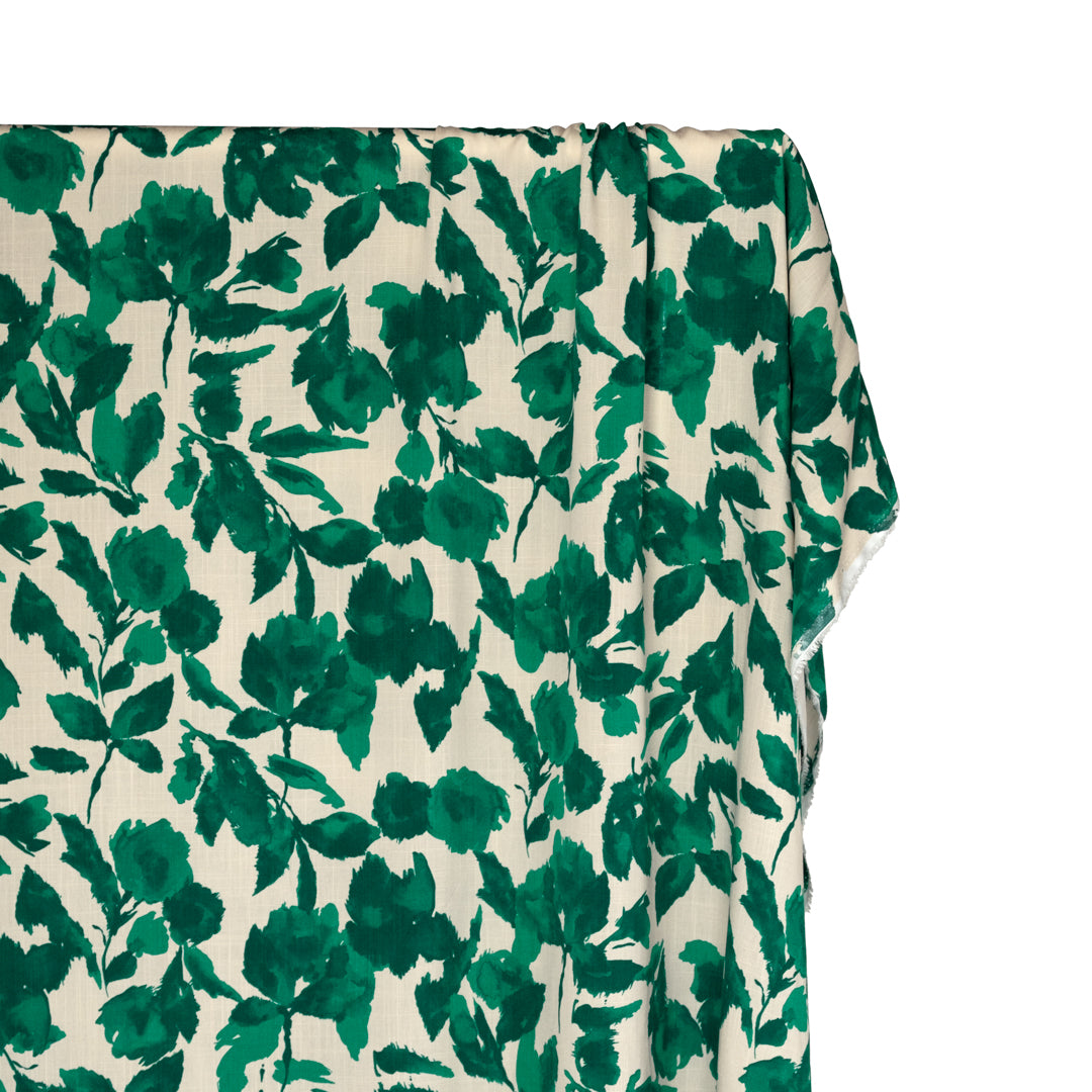 Blissful Blooms Rayon Slub - Ivory/Emerald | Blackbird Fabrics