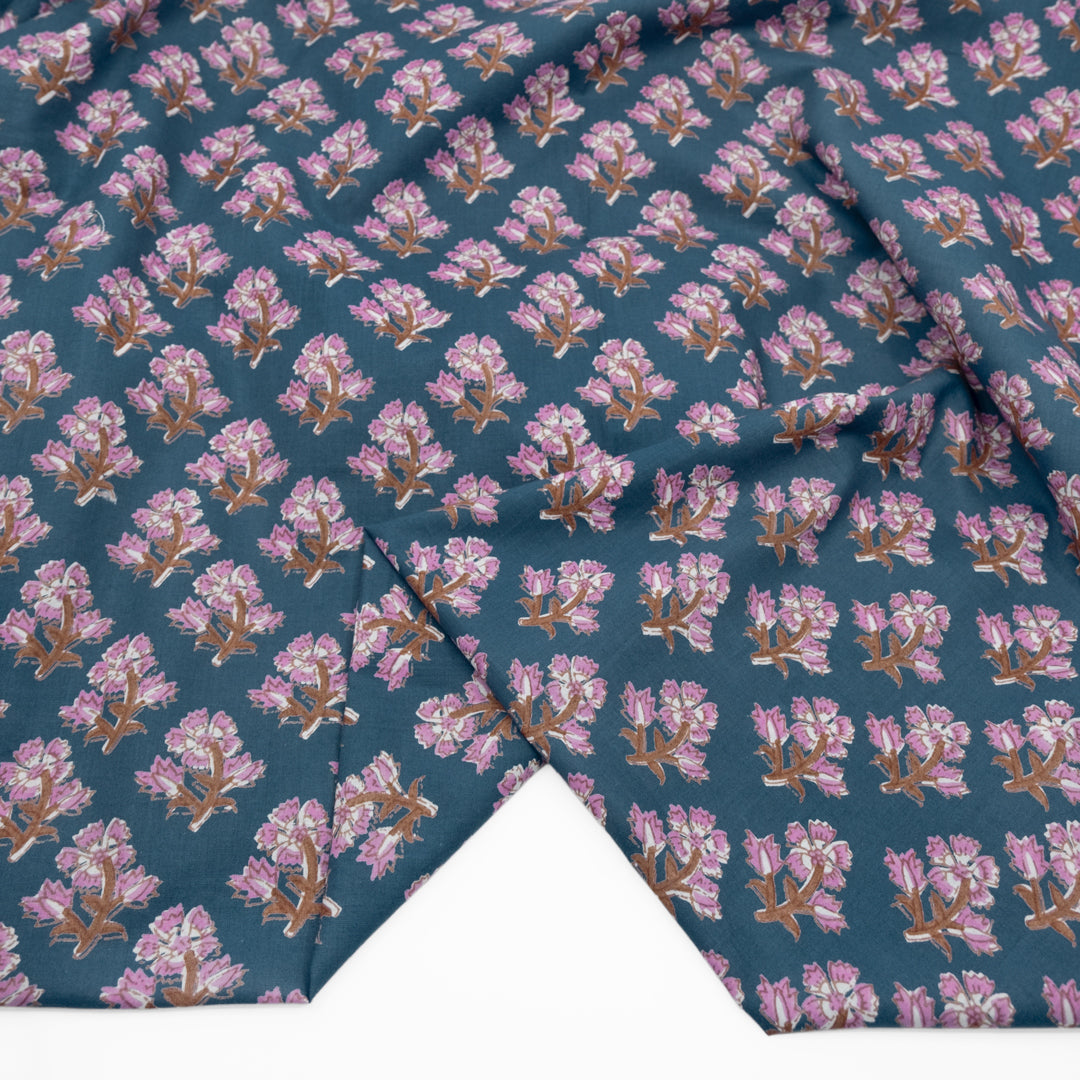Bloom Block Printed Organic Cotton Batiste - Denim/Dahlia | Blackbird Fabrics