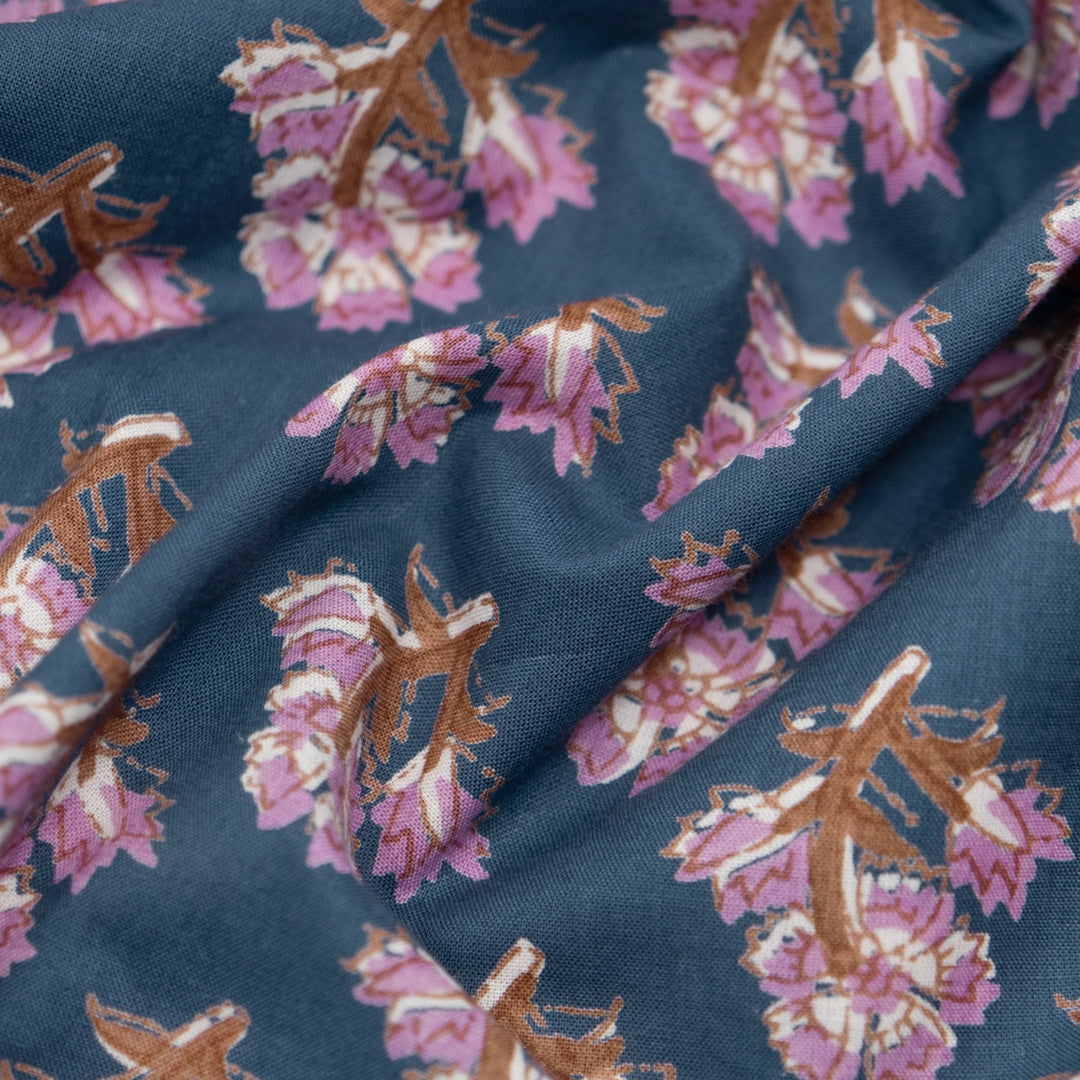 Bloom Block Printed Organic Cotton Batiste - Denim/Dahlia | Blackbird Fabrics