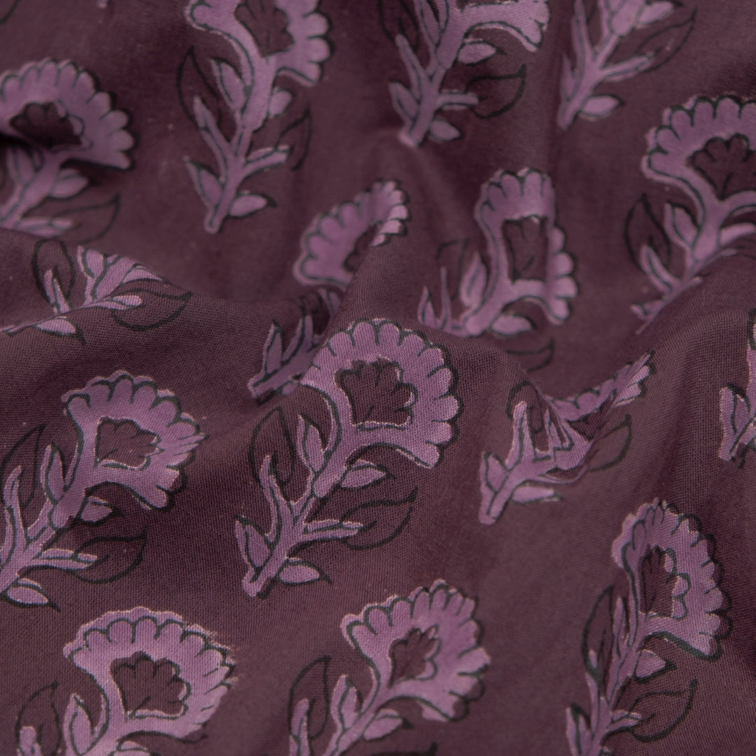 Bloom Block Printed Organic Cotton Batiste - Deep Currant/Lilac | Blackbird Fabrics