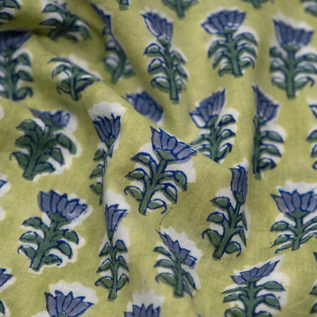 Bloom Block Printed Organic Cotton Batiste - Peashoot/Sage/Denim | Blackbird Fabrics