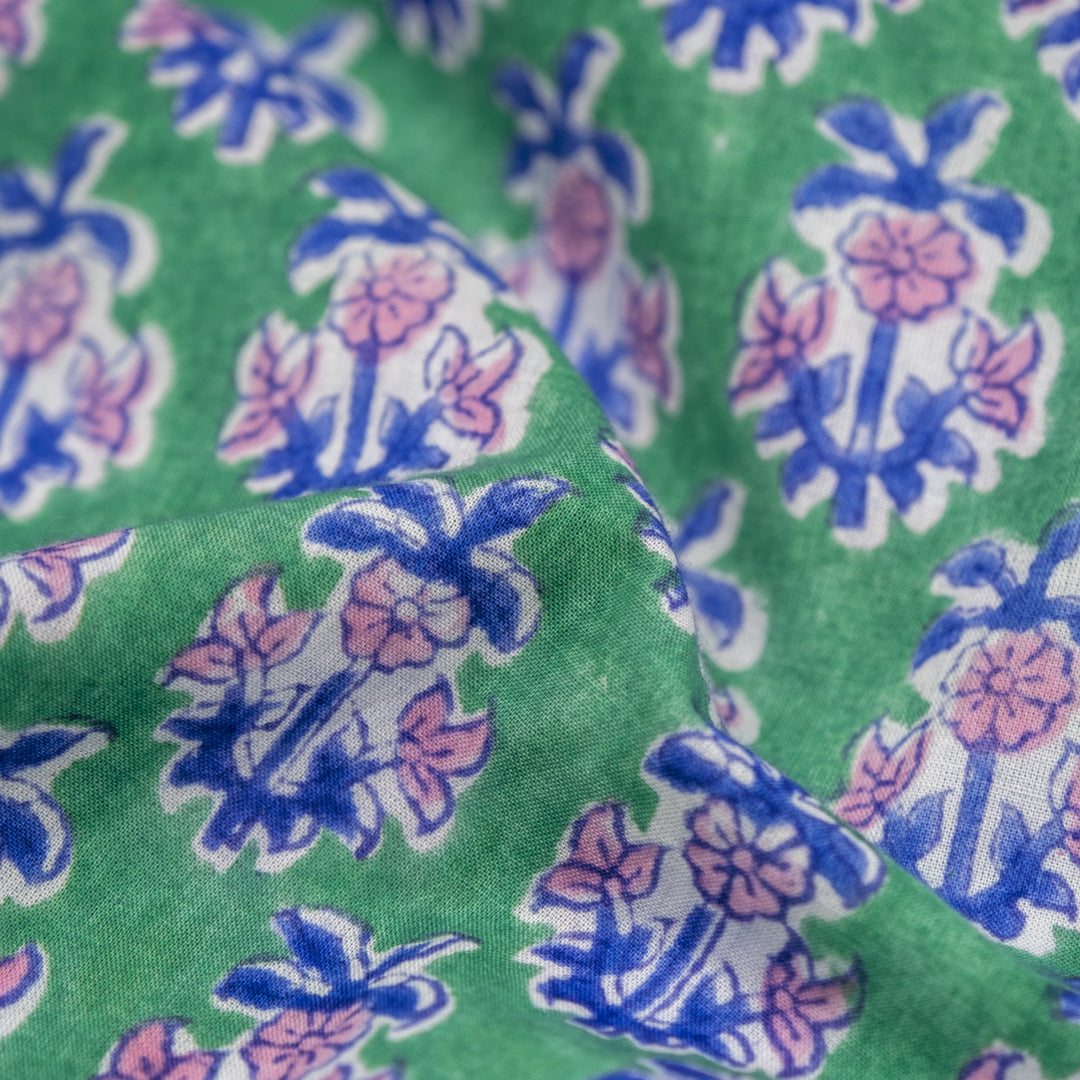 Bloom Block Printed Organic Cotton Batiste - Viridian/Azure/Candy | Blackbird Fabrics