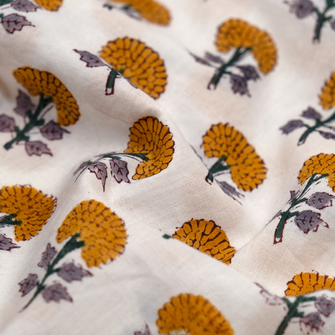 Bloom Block Printed Organic Cotton Batiste - White/Marigold | Blackbird Fabrics