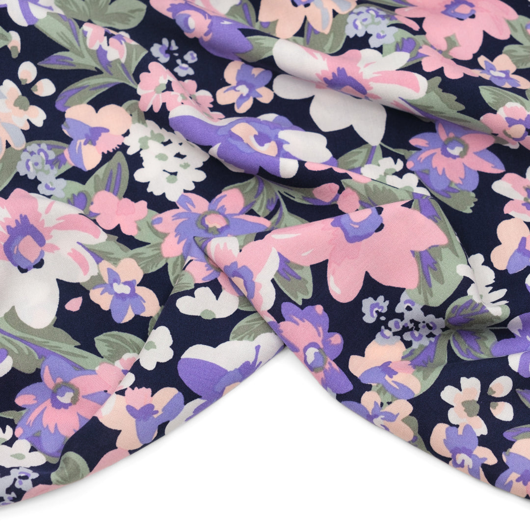 Playful Petals Rayon Challis - Pale Pink/Lilac/Navy | Blackbird Fabrics