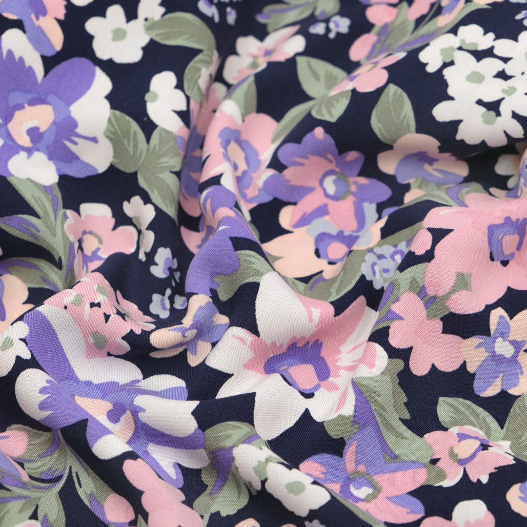 Playful Petals Rayon Challis - Pale Pink/Lilac/Navy | Blackbird Fabrics