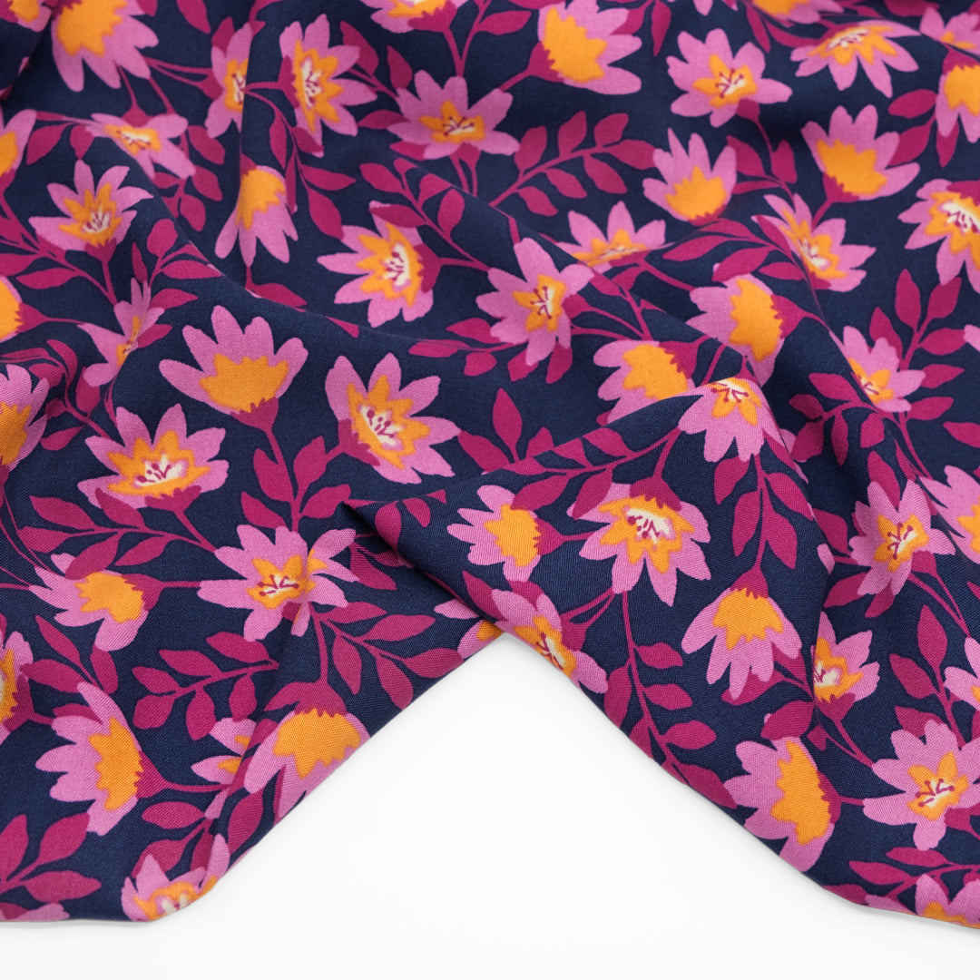 Flowering Vines Rayon Challis - Navy/Magenta | Blackbird Fabrics