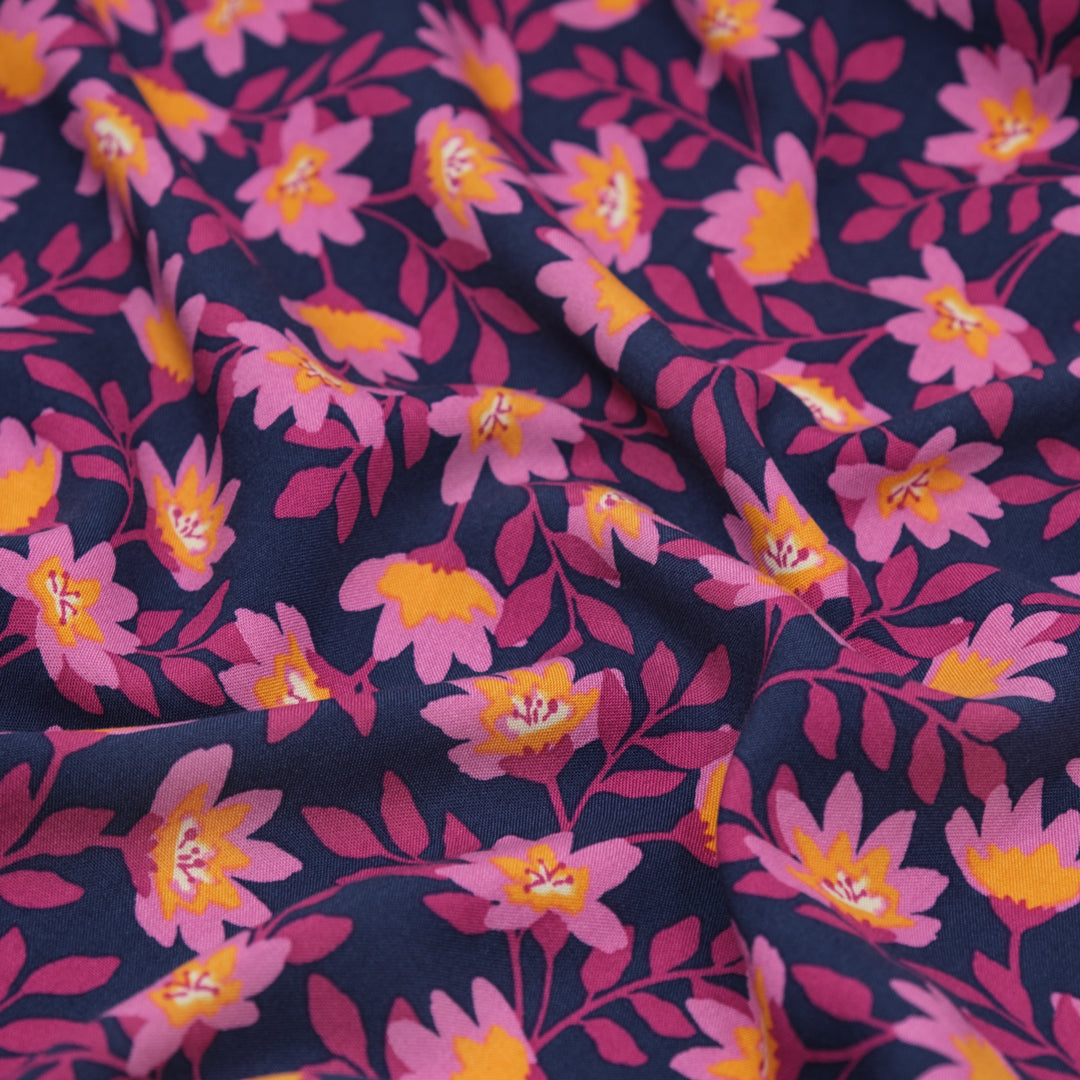 Flowering Vines Rayon Challis - Navy/Magenta | Blackbird Fabrics