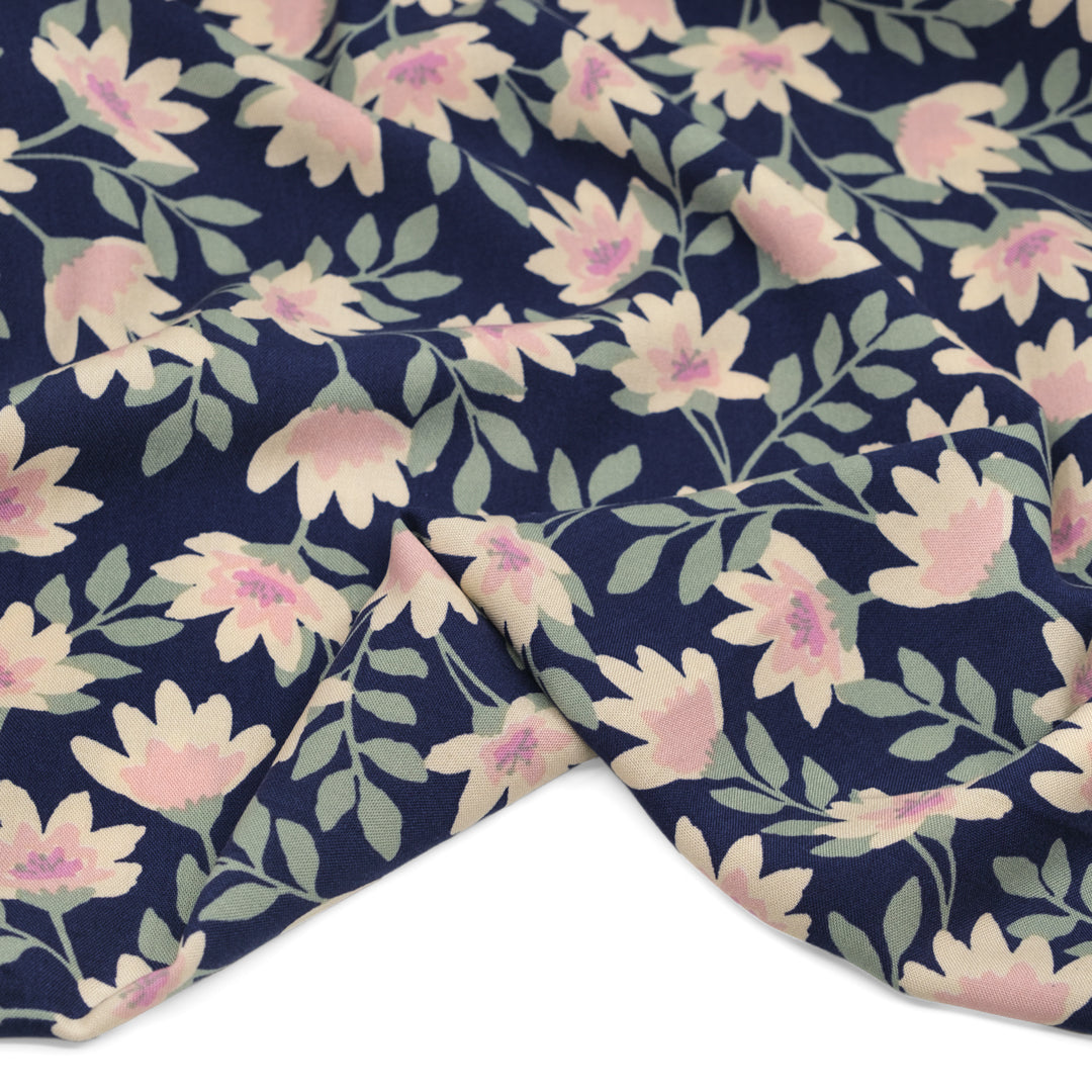Flowering Vines Rayon Challis - Navy/Cream | Blackbird Fabrics
