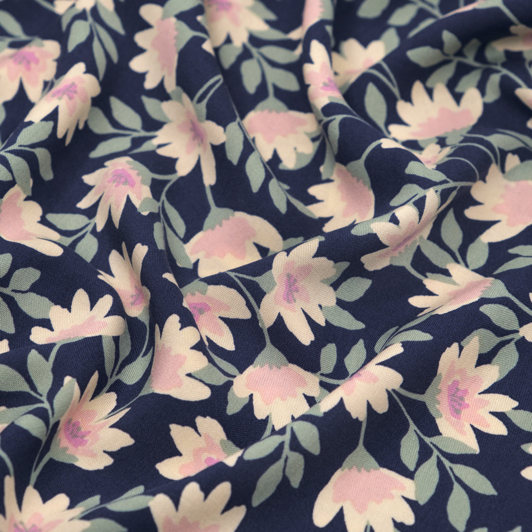 Flowering Vines Rayon Challis - Navy/Cream | Blackbird Fabrics