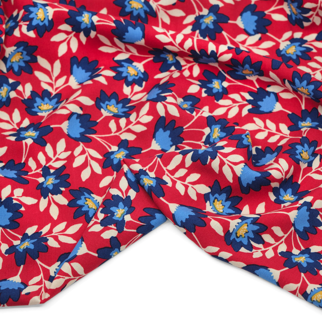 Flowering Vines Rayon Challis - Crimson/Blue | Blackbird Fabrics
