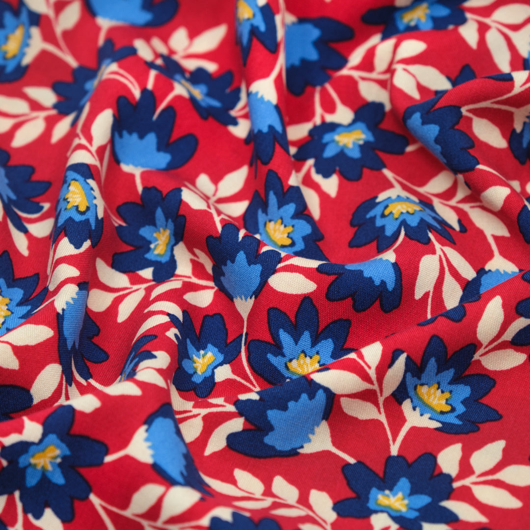 Flowering Vines Rayon Challis - Crimson/Blue | Blackbird Fabrics