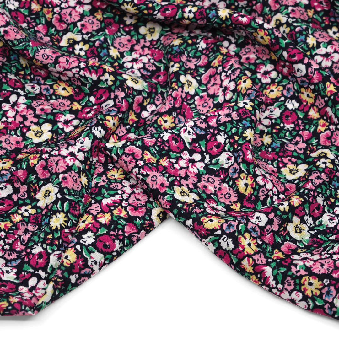 Floral Haven Rayon Voile - Black/Magenta/Spruce | Blackbird Fabrics