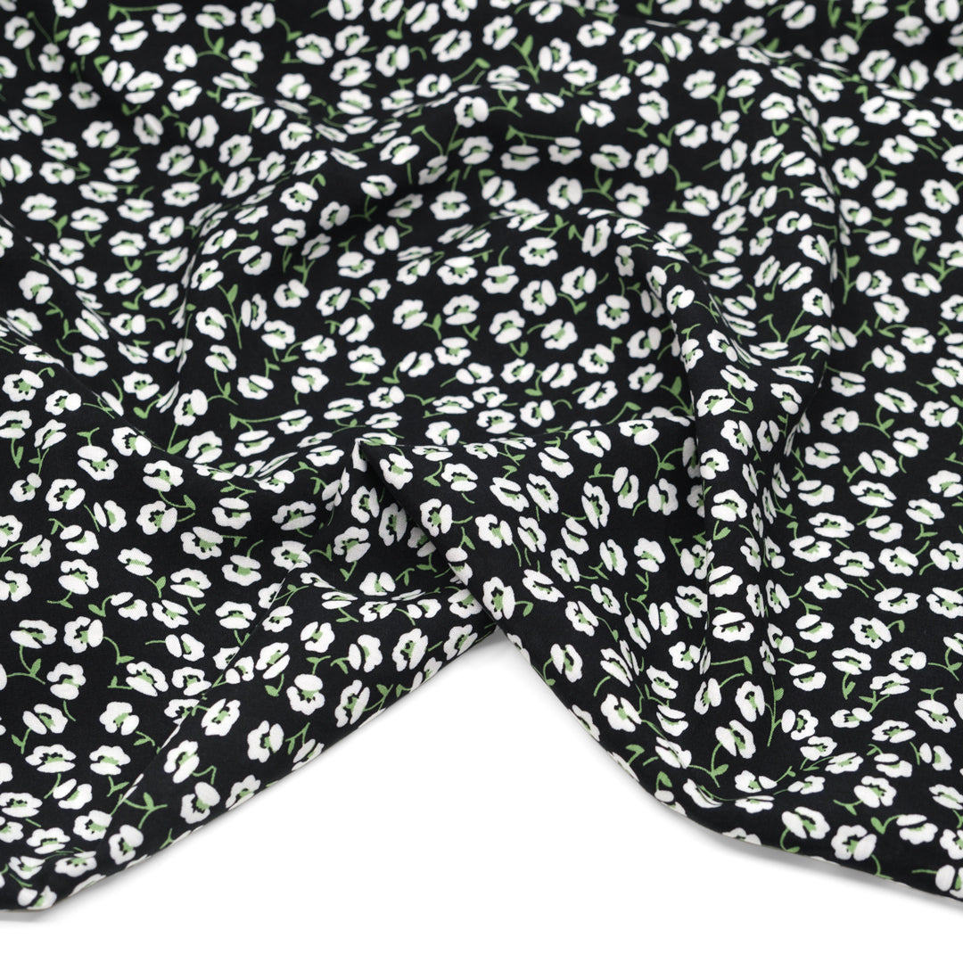 Sweet Flowerbuds Rayon Voile - Black/White/Grass | Blackbird Fabrics