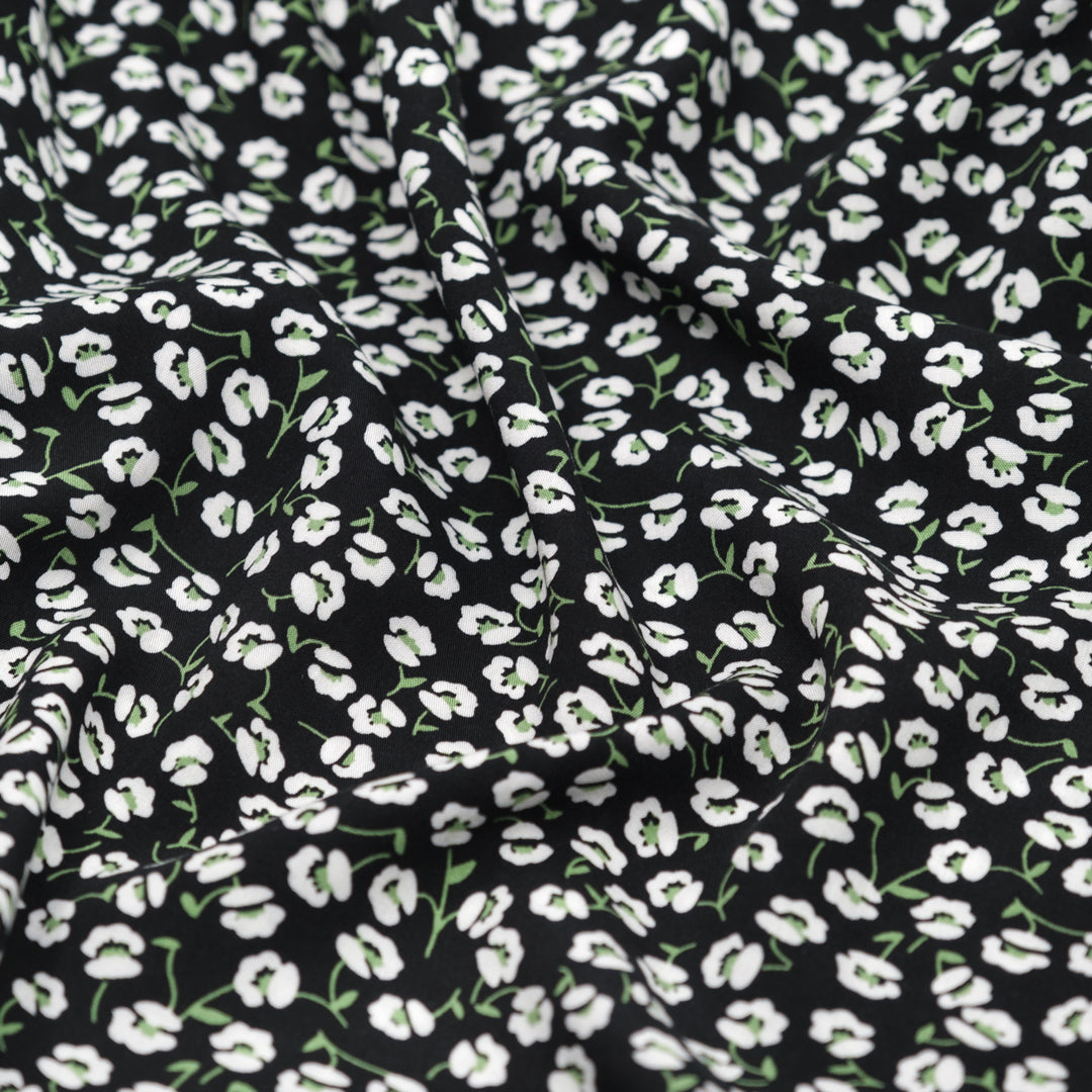 Sweet Flowerbuds Rayon Voile - Black/White/Grass | Blackbird Fabrics