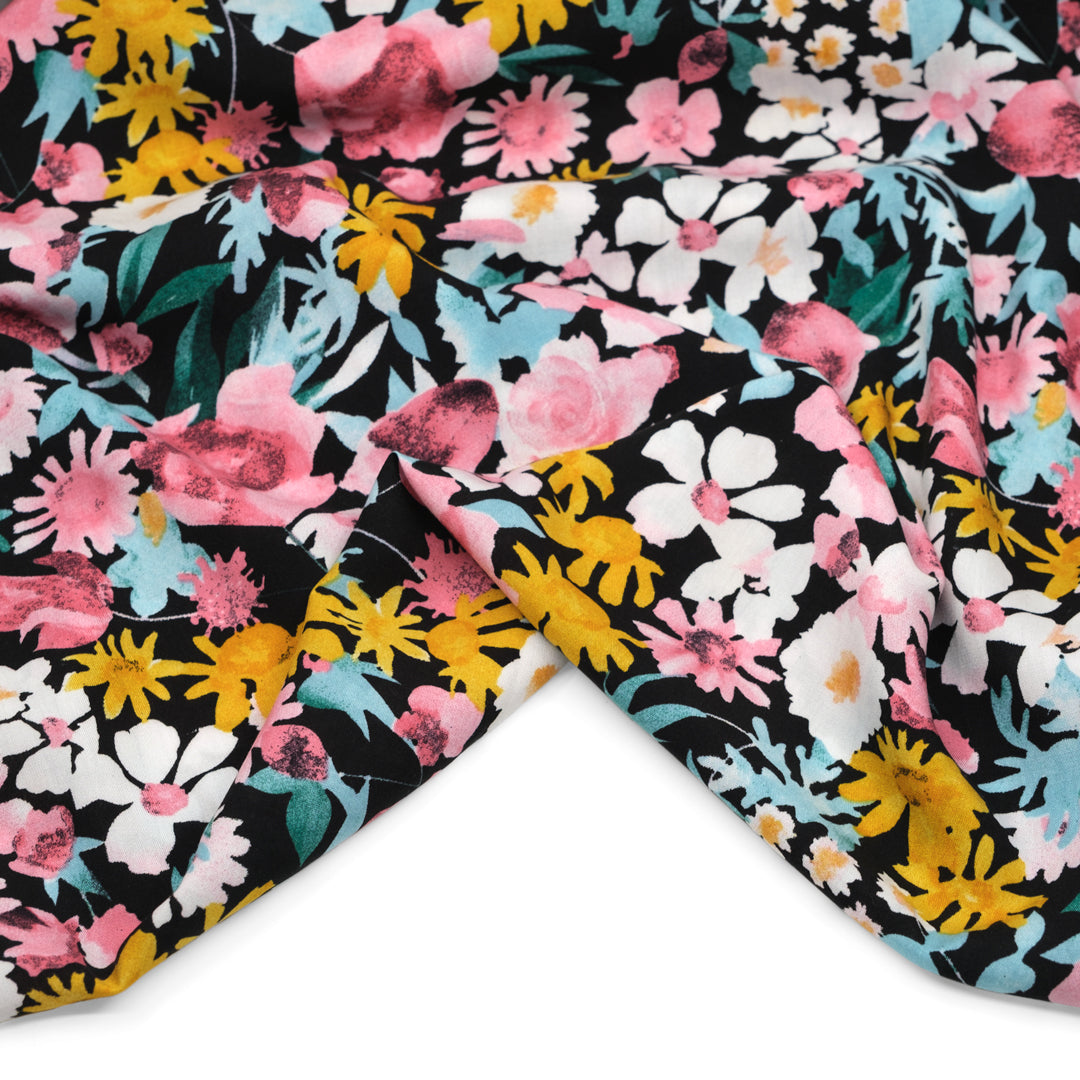 Lively Flowerbed Rayon Voile - Black/Blush/Marigold | Blackbird Fabrics