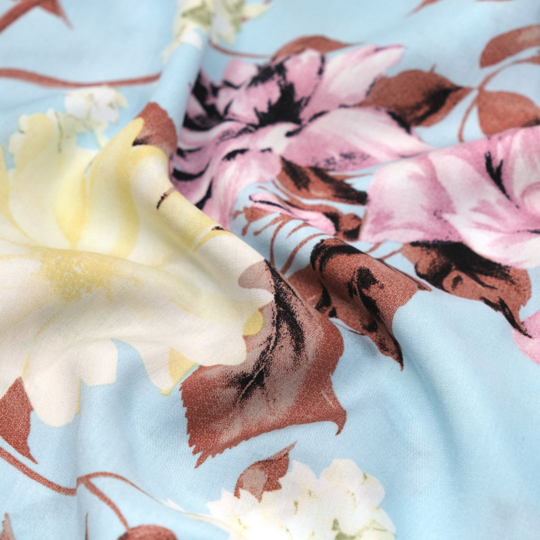 Pastel Roses Rayon Voile - Pale Blue | Blackbird Fabrics