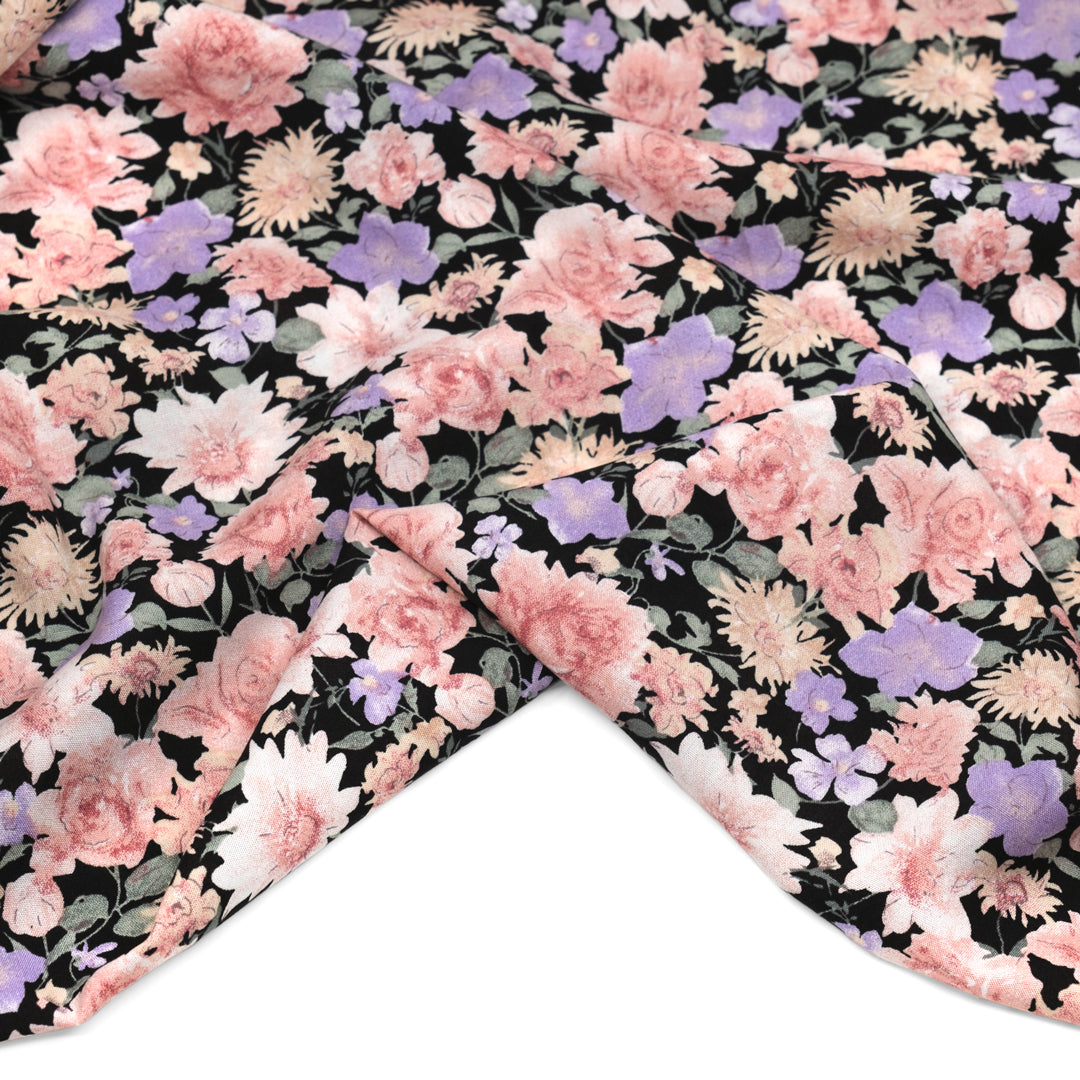 Wildflower Meadow Rayon Voile - Black/Blush/Lilac | Blackbird Fabrics