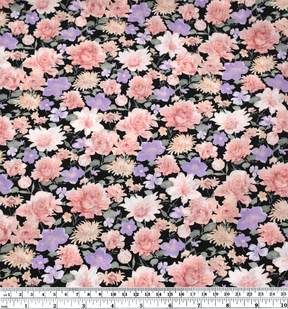 Wildflower Meadow Rayon Voile - Black/Blush/Lilac | Blackbird Fabrics