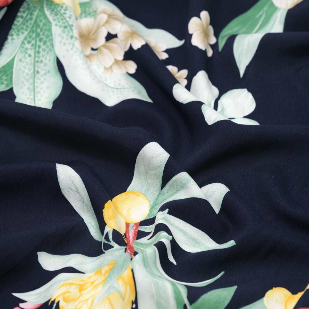 Island Oasis Rayon Voile - Navy/Green/Daffodil | Blackbird Fabrics
