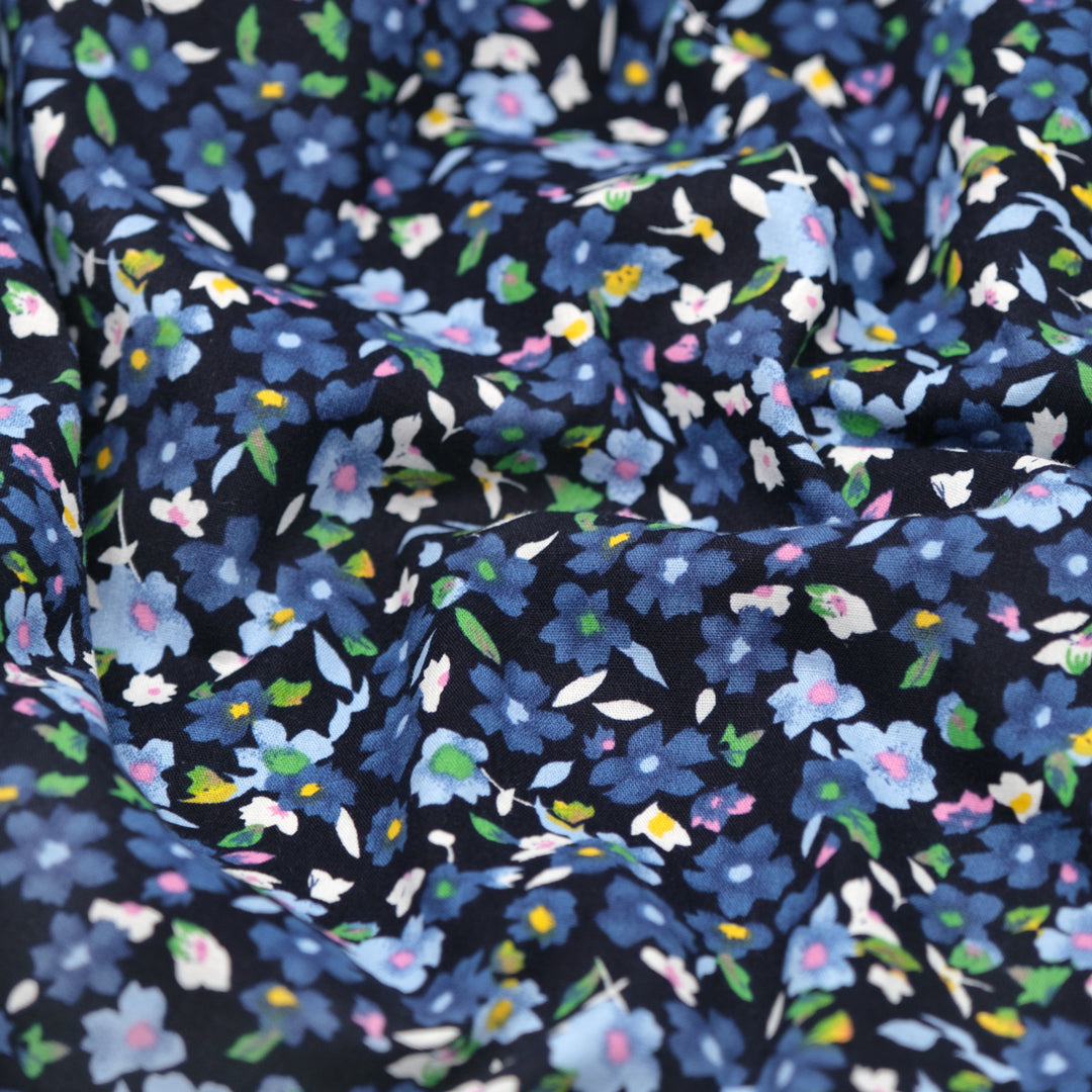 Flowering Field Cotton Poplin - Black/Ocean/Sky | Blackbird Fabrics