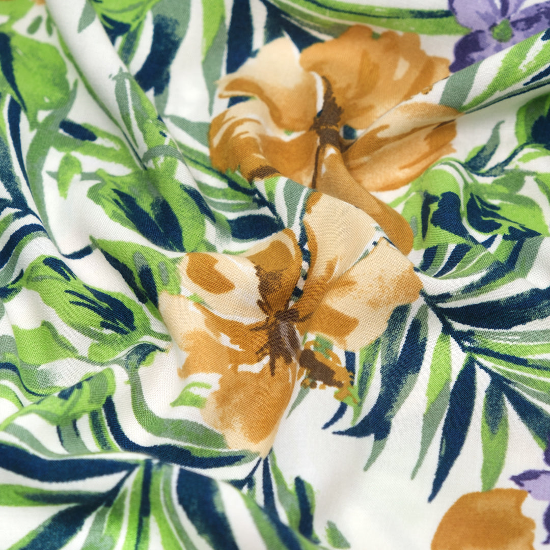 Paradise Palms Rayon Challis - White/Ochre/Grass | Blackbird Fabrics