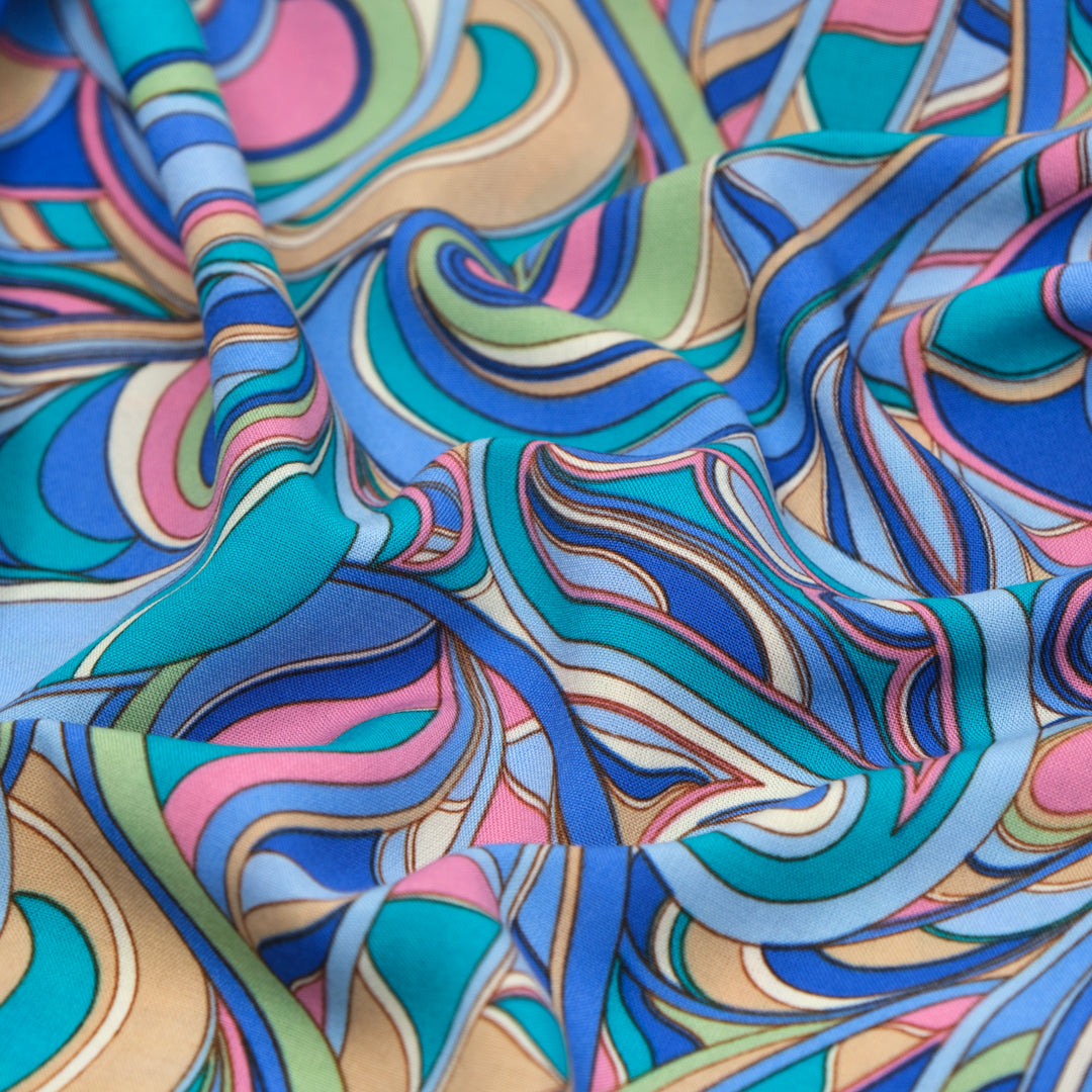 Psychedelic Swirls Rayon Challis - Aqua/Cobalt/Pink | Blackbird Fabrics