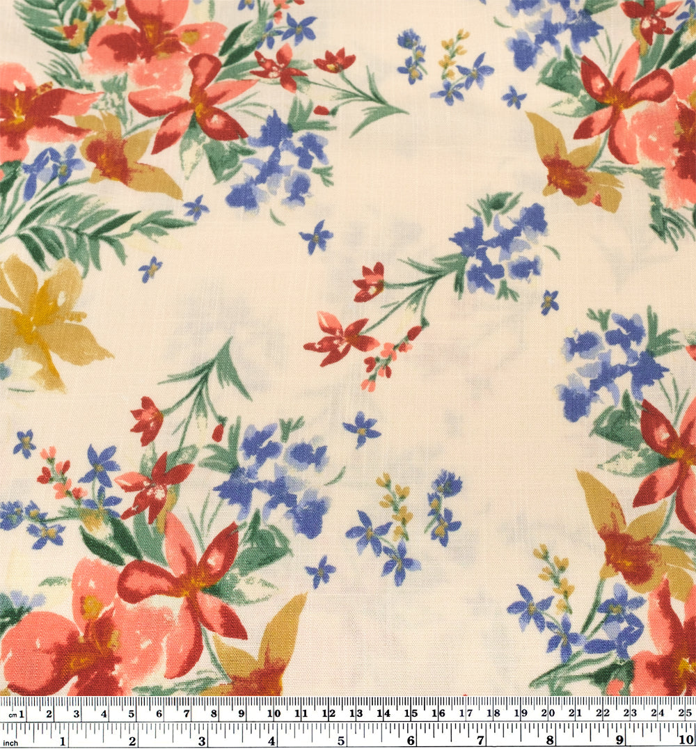 Painted Flora Rayon Slub - Cream/Apricot | Blackbird Fabrics