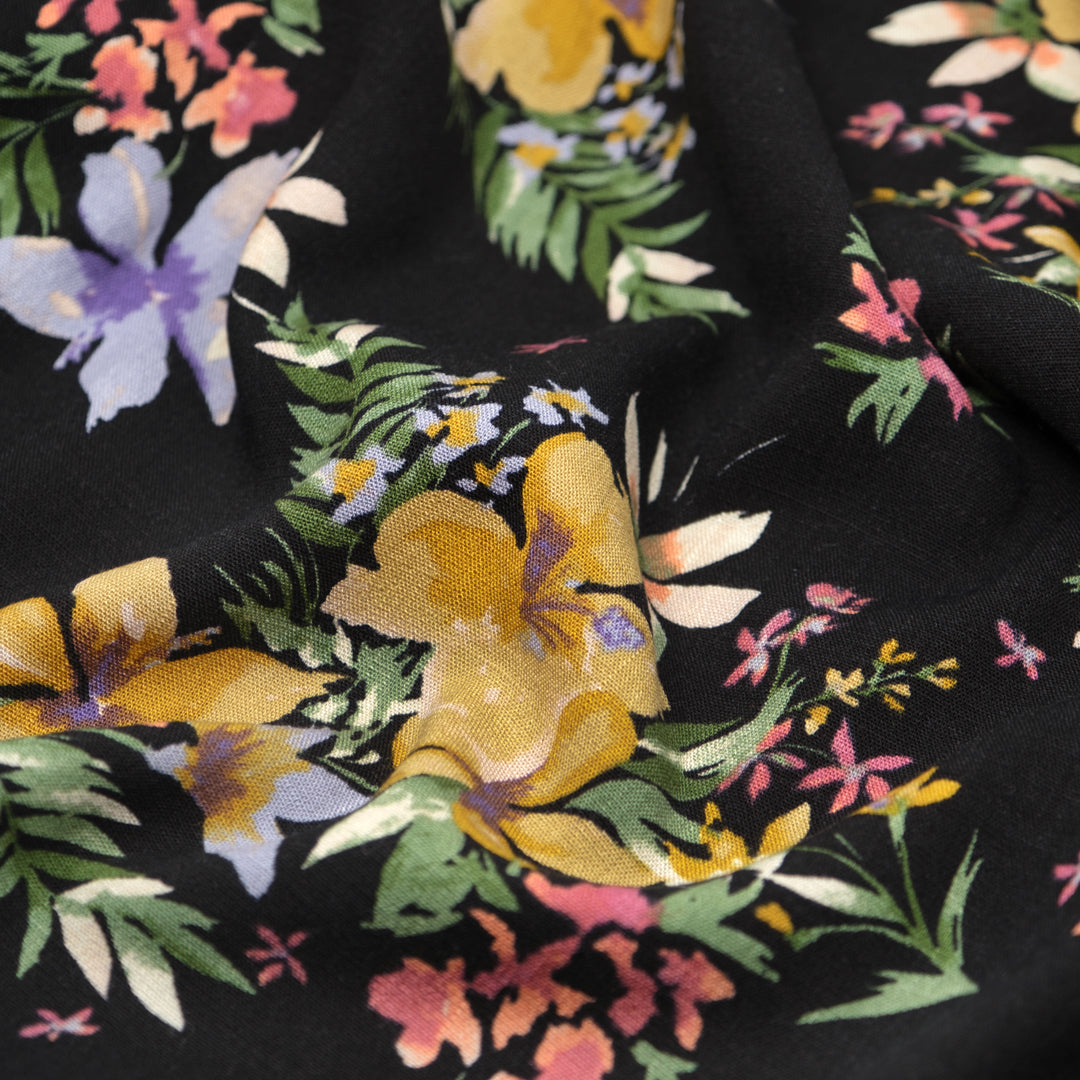 Painted Flora Rayon Slub - Black/Gold | Blackbird Fabrics
