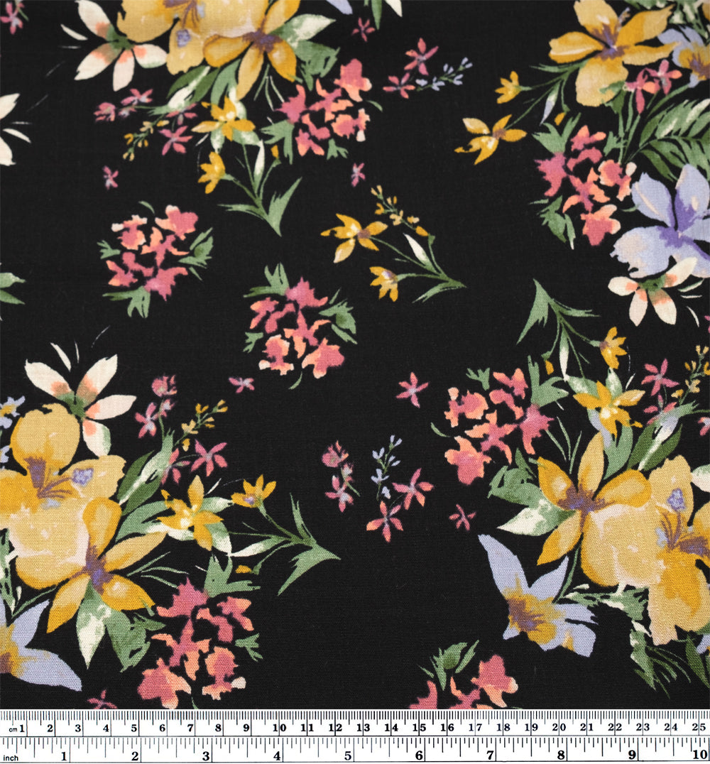 Painted Flora Rayon Slub - Black/Gold | Blackbird Fabrics