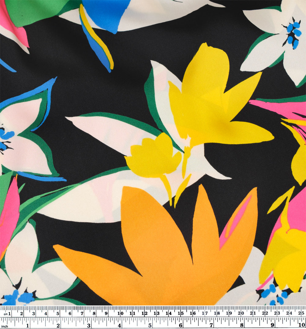 Bold Botanics Poly Satin Twill - Black/Cerulean/Tangerine | Blackbird Fabrics