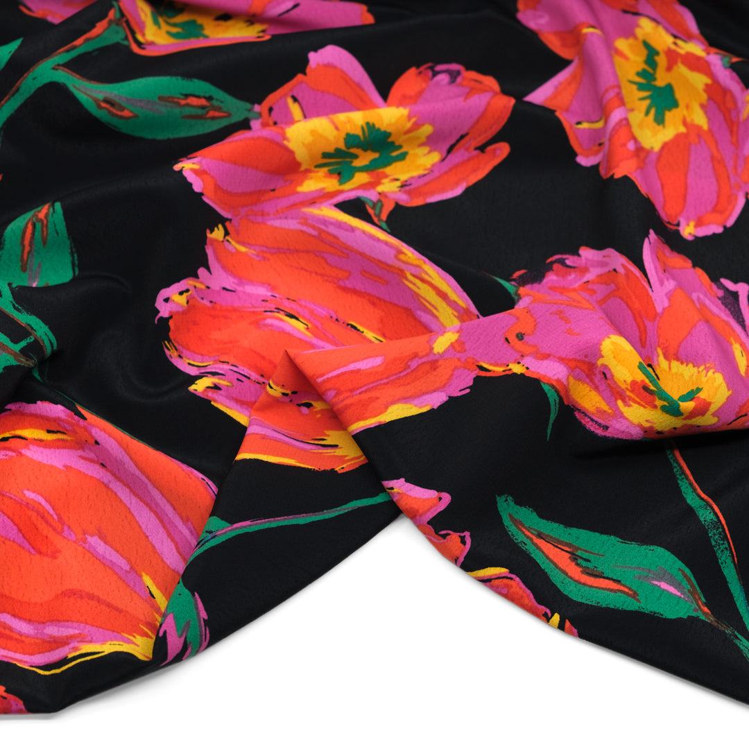 Floral Blitz Poly Morrocain Crepe - Black/Jam/Grass | Blackbird Fabrics
