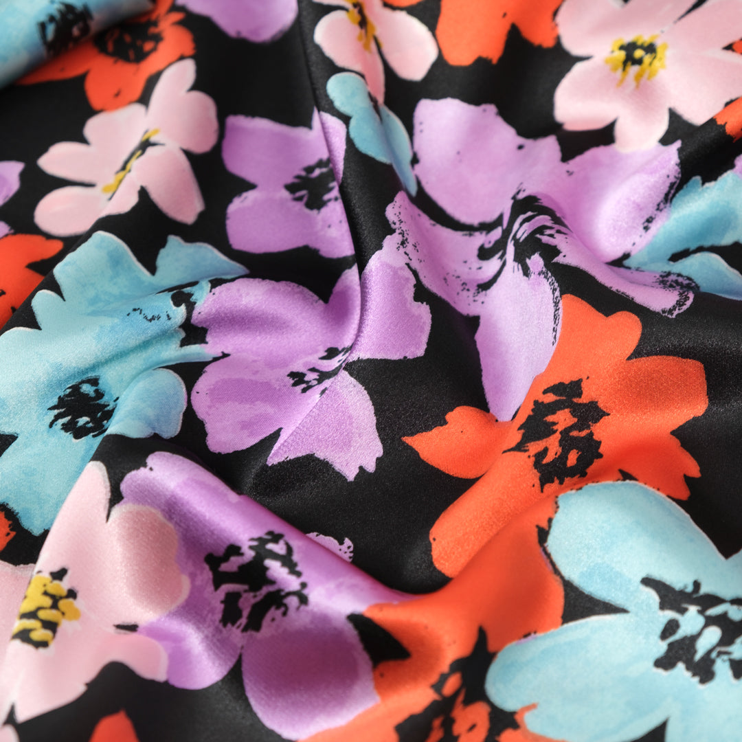 Candy Blossom Poly Satin - Black/Lavender/Ice Blue | Blackbird Fabrics