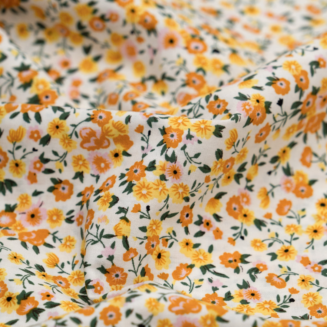 Budding Floral Cotton Poplin - White/Buttercup/Ochre | Blackbird Fabrics