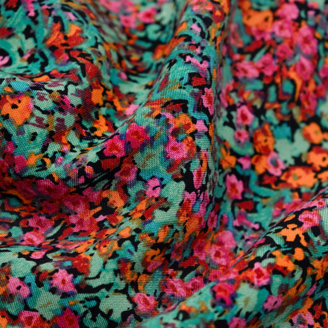 Floral Meltdown Rayon Challis - Turquoise/Raspberry/Tangerine | Blackbird Fabrics