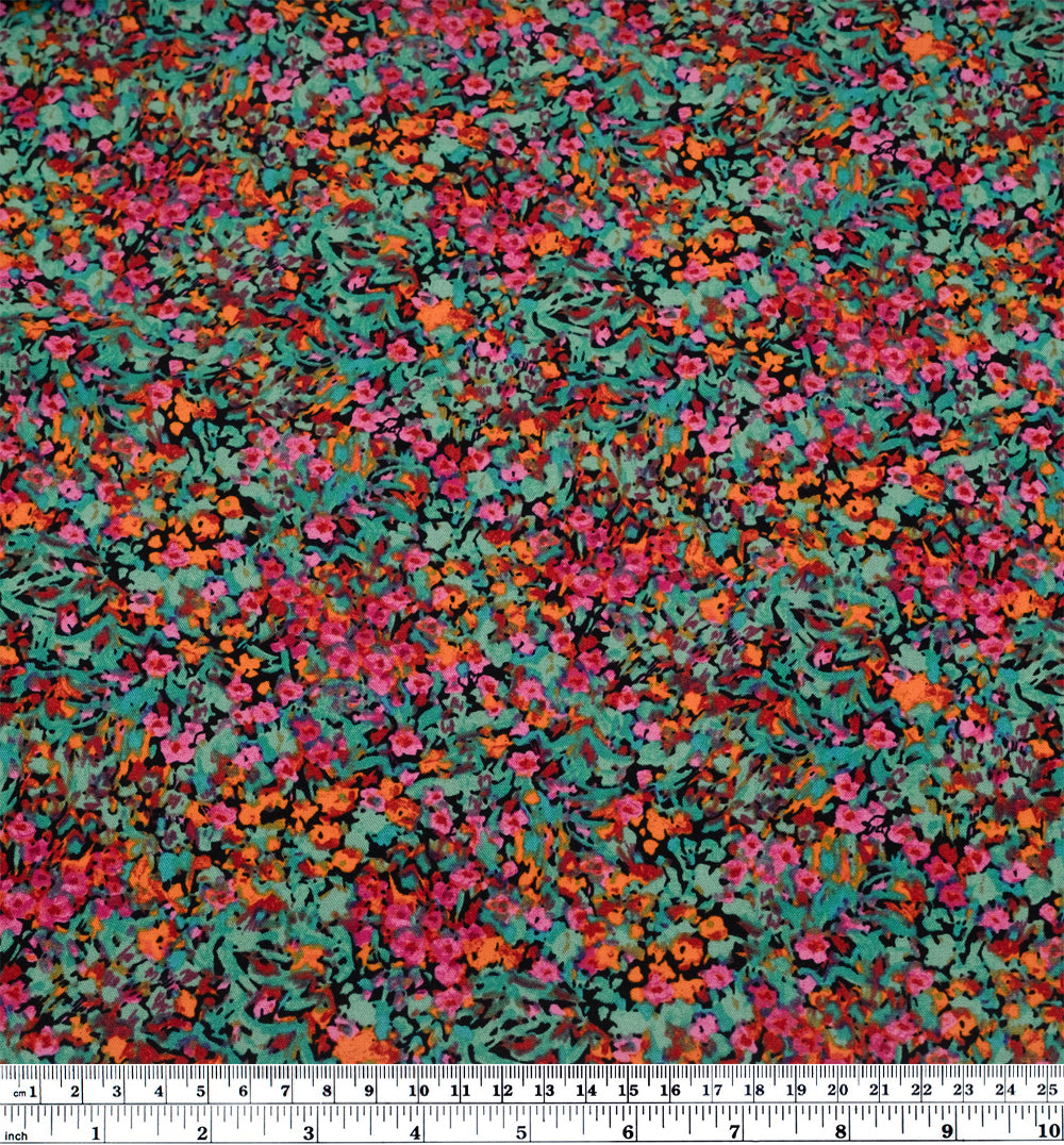 Floral Meltdown Rayon Challis - Turquoise/Raspberry/Tangerine | Blackbird Fabrics