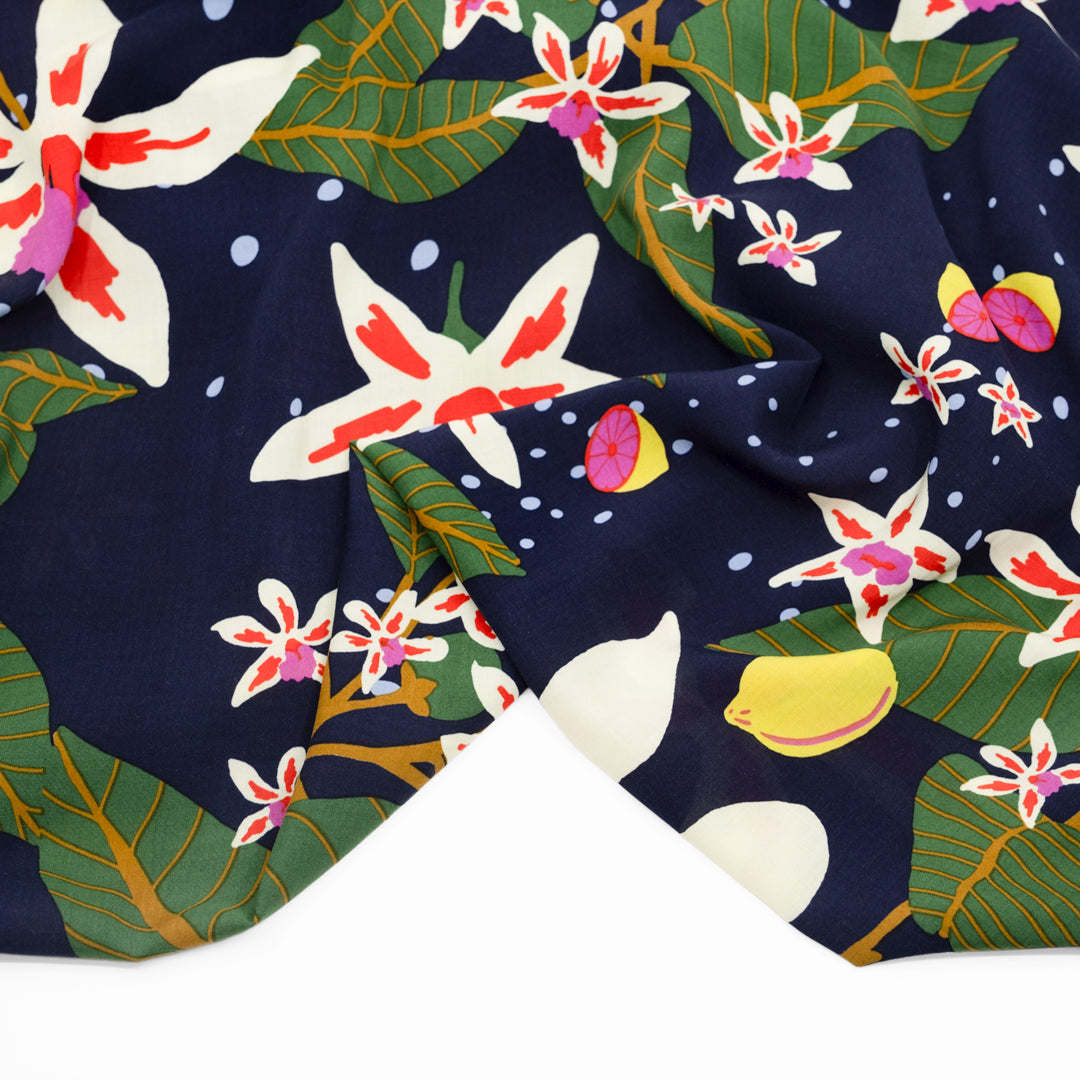 Celestial Citrus Rayon Voile - Navy/Multi | Blackbird Fabrics