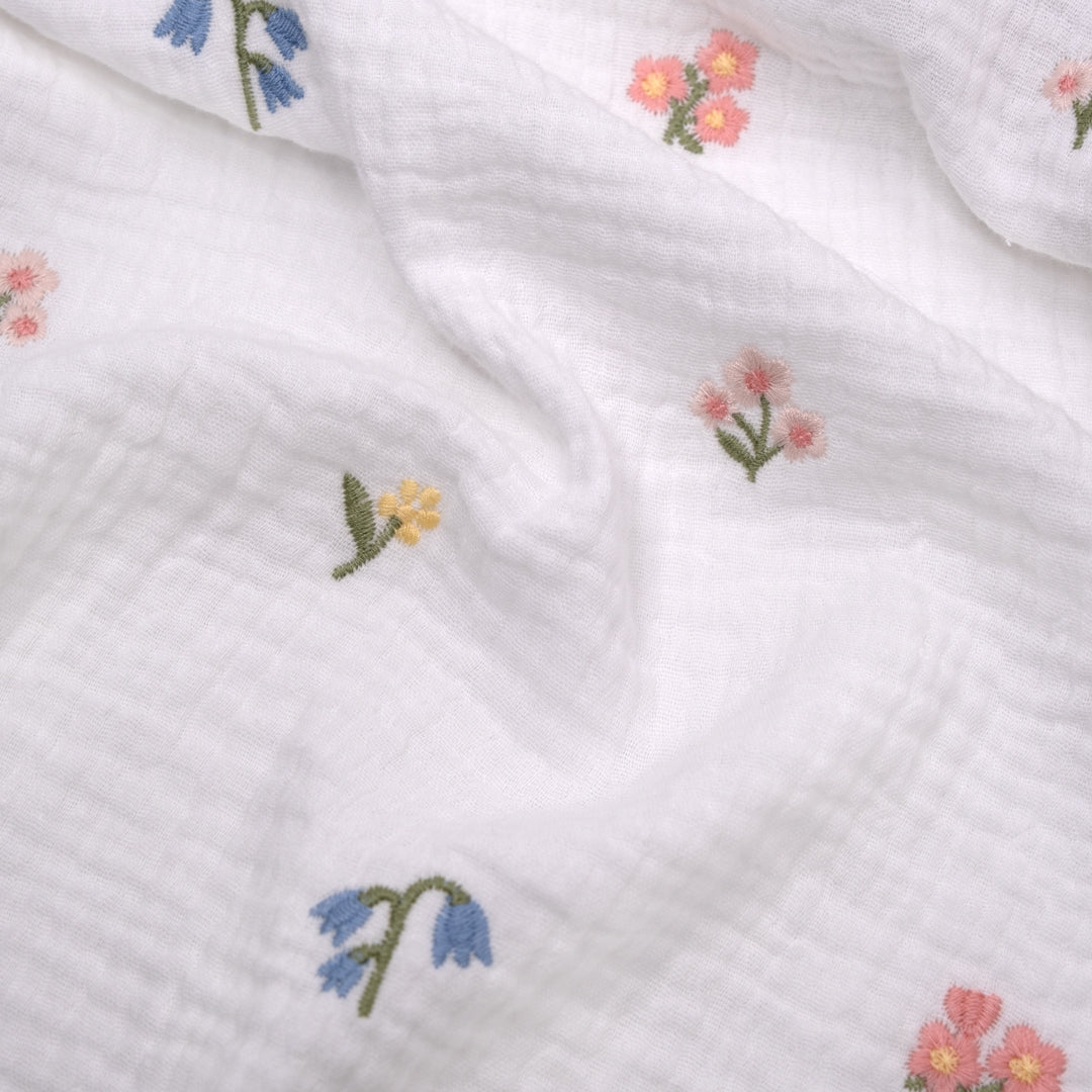Floret Embroidered Cotton Double Gauze - White/Multi | Blackbird Fabrics