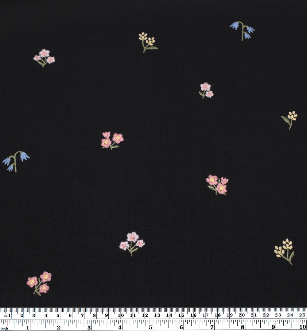 Floret Embroidered Cotton Double Gauze - Black/Multi | Blackbird Fabrics