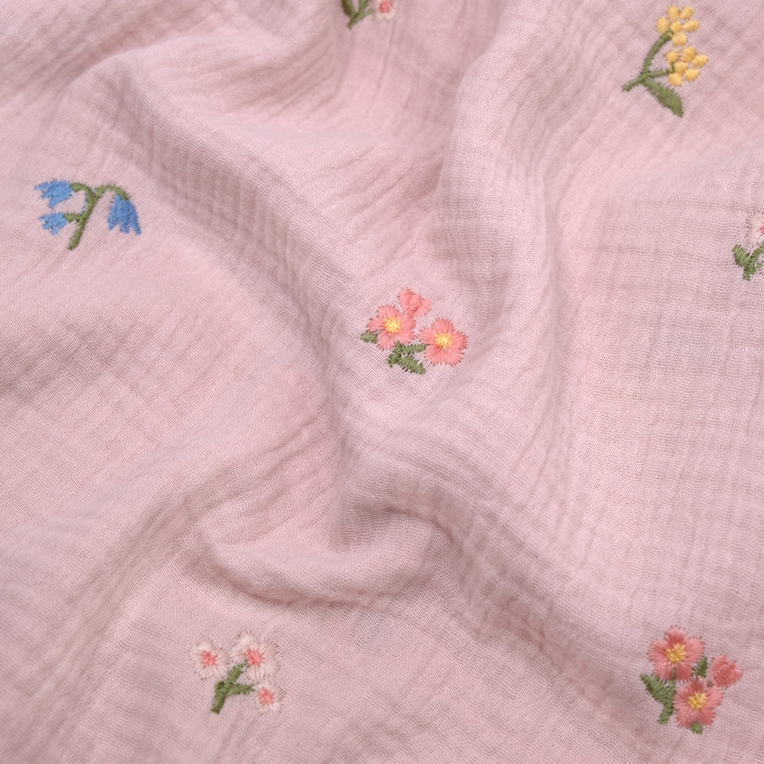 Floret Embroidered Cotton Double Gauze - Pale Blush/Multi | Blackbird Fabrics