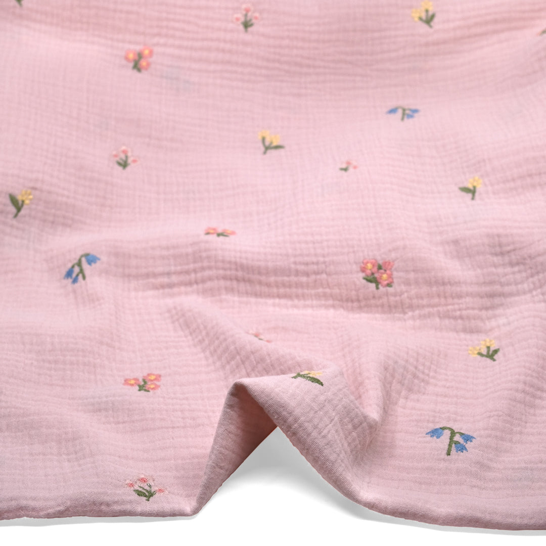 Floret Embroidered Cotton Double Gauze - Pale Blush/Multi | Blackbird Fabrics